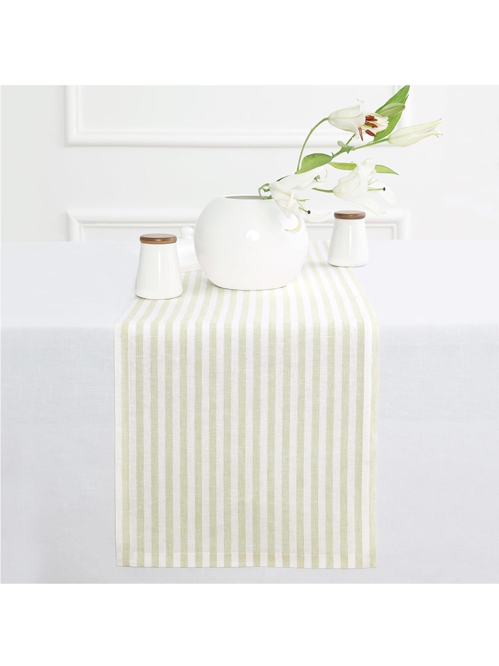 NEW Solino Home 100% Linen Table Runner 14”x90” - Amalfi Stripe, Sage & White
